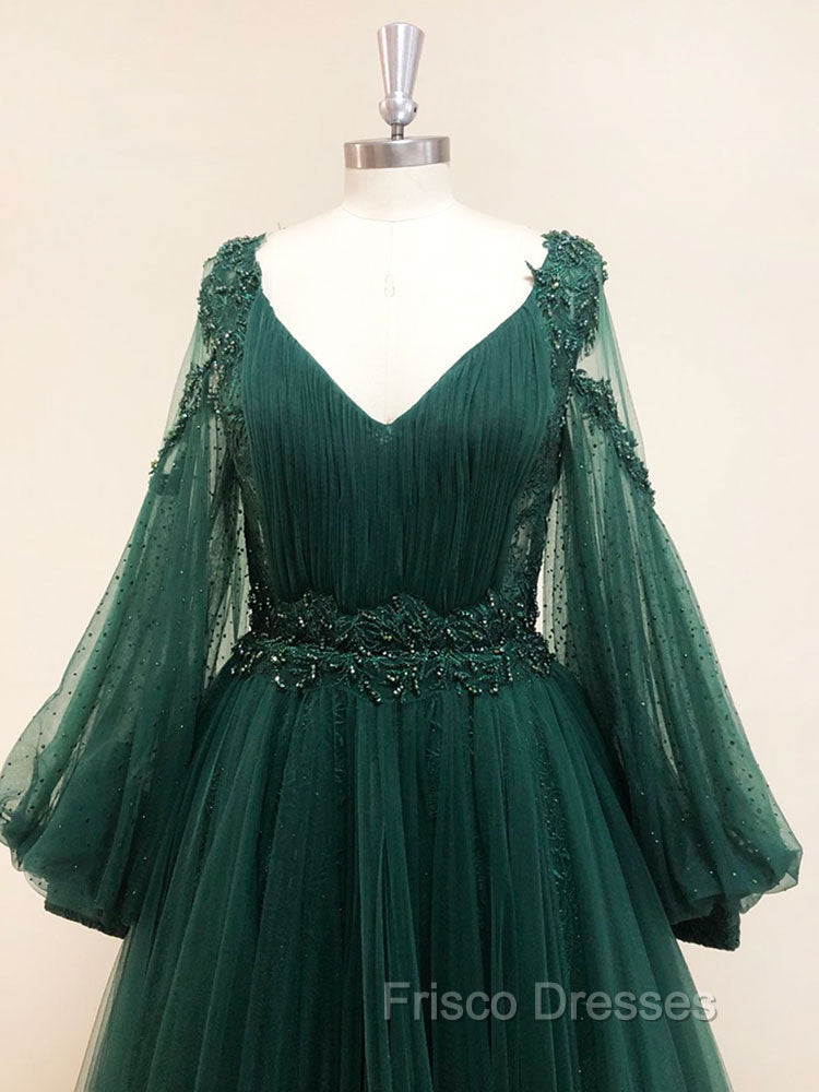 A-Line V Neck Tulle Lace Green Long Formal Prom Dress, Green Formal Evening Dress