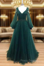 A-Line V Neck Tulle Lace Green Long Formal Prom Dress, Green Formal Evening Dress