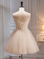 A-Line V Neck Tulle Light Champagne Short Formal Prom Dress, Champagne Homecoming Dress