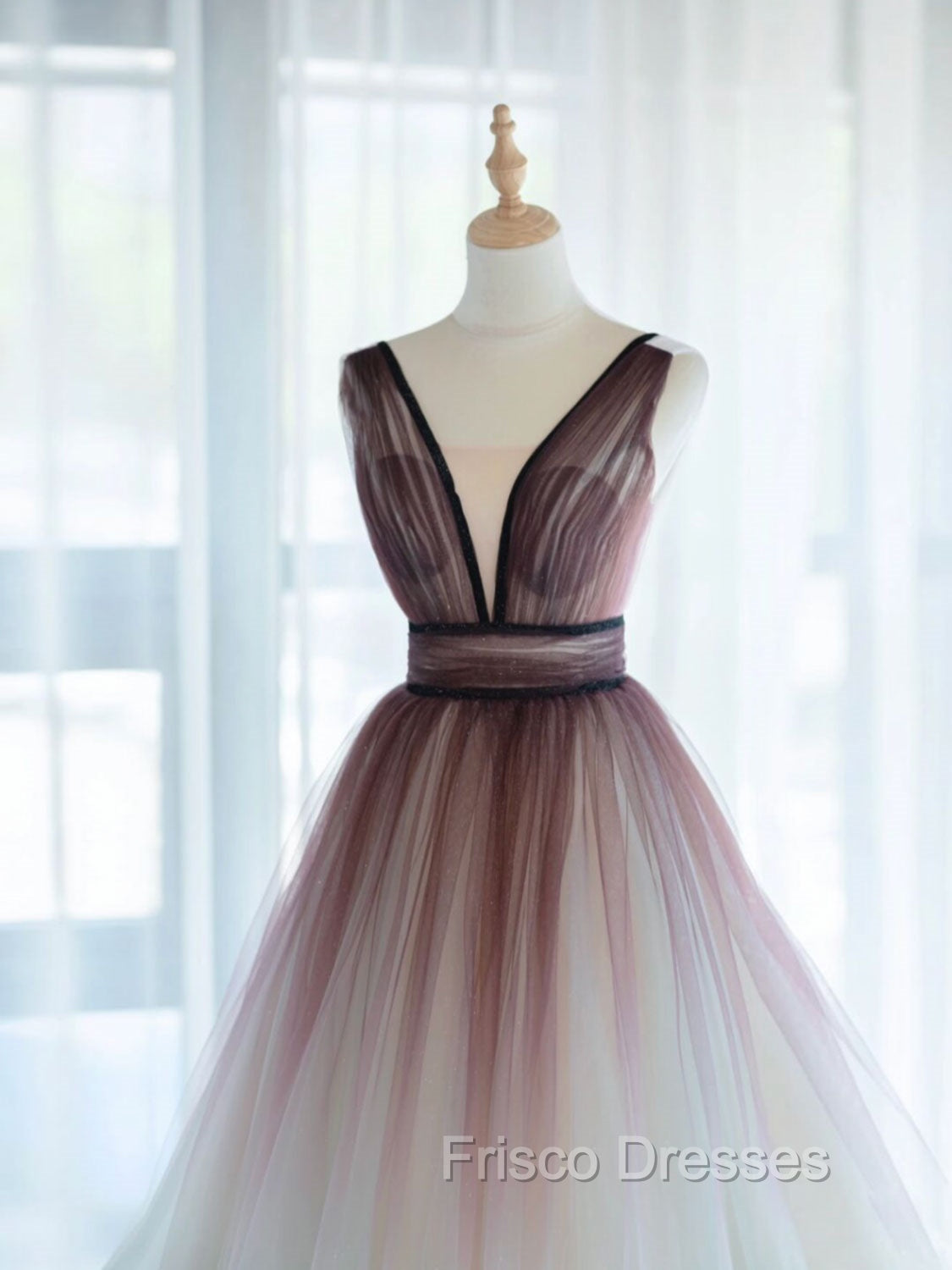 A-Line V Neck Tulle Long Brown Formal Prom Dress, Tulle Long Evening Dress Secondary image