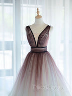 A-Line V Neck Tulle Long Brown Formal Prom Dress, Tulle Long Evening Dress