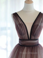 A-Line V Neck Tulle Long Brown Formal Prom Dress, Tulle Long Evening Dress