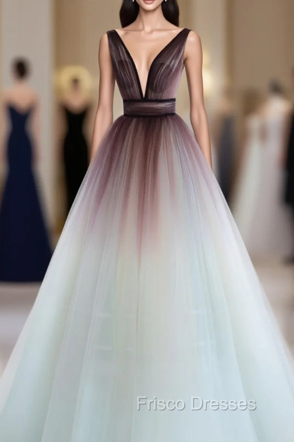A-Line V Neck Tulle Long Brown Formal Prom Dress, Tulle Long Evening Dress Main image