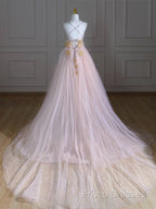 A-Line V Neck Tulle Pink Long Formal Prom Dress, Pink Tulle Long Formal Dress