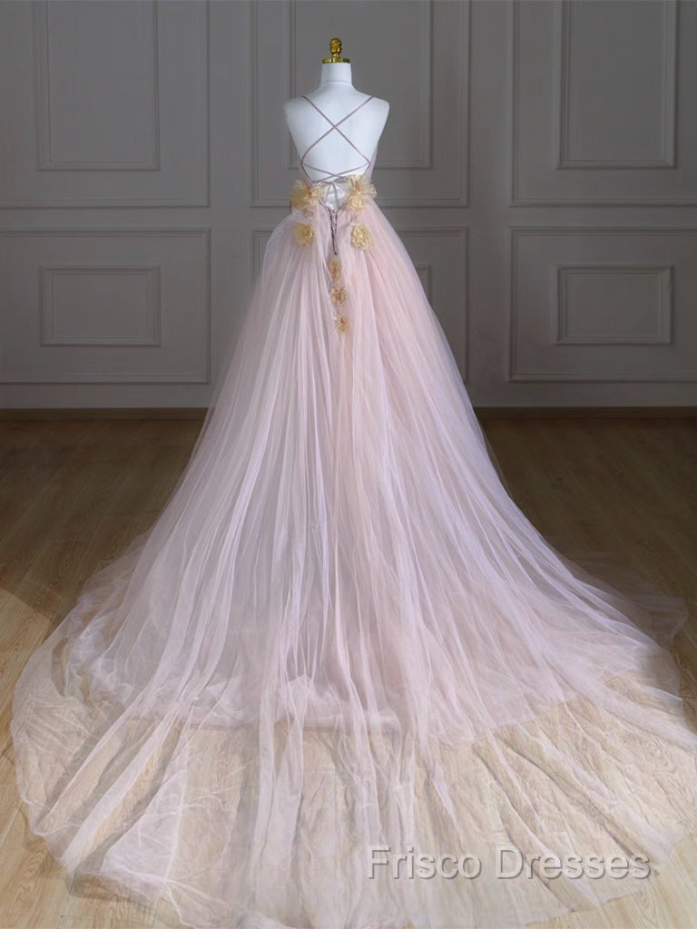 A-Line V Neck Tulle Pink Long Formal Prom Dress, Pink Tulle Long Formal Dress