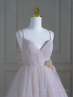 A-Line V Neck Tulle Pink Long Formal Prom Dress, Pink Tulle Long Formal Dress