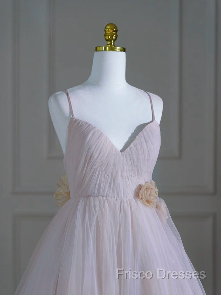 A-Line V Neck Tulle Pink Long Formal Prom Dress, Pink Tulle Long Formal Dress