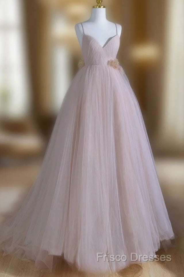 A-Line V Neck Tulle Pink Long Formal Prom Dress, Pink Tulle Long Formal Dress