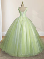 A-Line V Neck Tulle Sage Green Long Formal Prom Quinceanera Dress