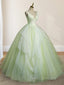 A-Line V Neck Tulle Sage Green Long Formal Prom Quinceanera Dress