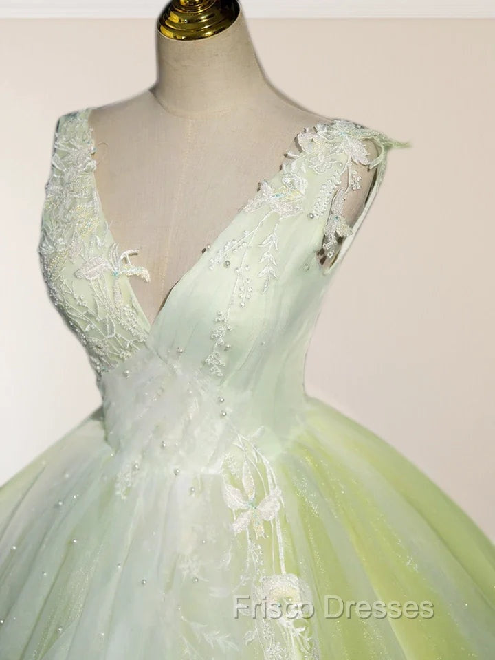 A-Line V Neck Tulle Sage Green Long Formal Prom Quinceanera Dress