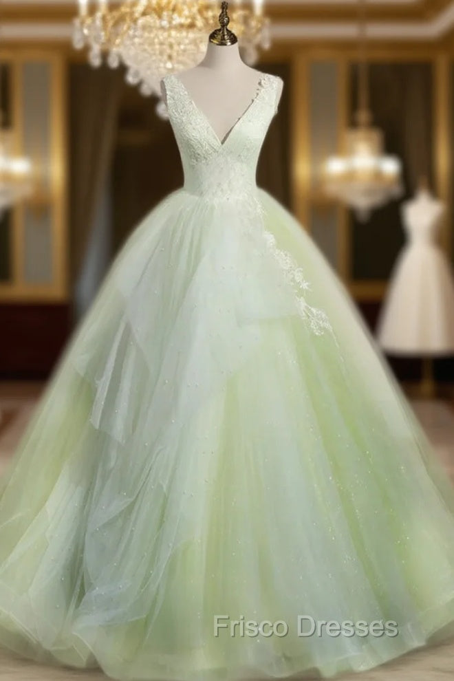A-Line V Neck Tulle Sage Green Long Formal Prom Quinceanera Dress Main image
