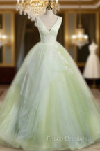 A-Line V Neck Tulle Sage Green Long Formal Prom Quinceanera Dress