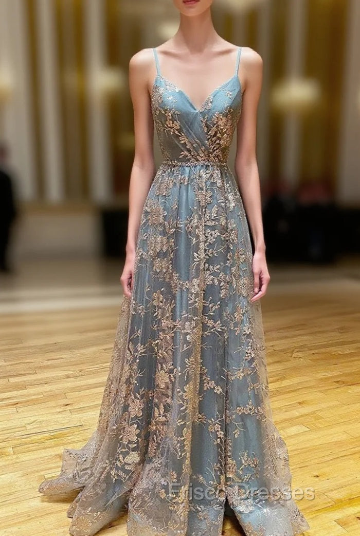 A-Line  V Neck Tulle Sequin Long Formal Prom Dress, Backless Long Evening Dress