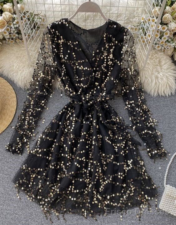 A Line V Neck Tulle Sequins Dress Long Sleeve Dress Homecoming Dress Main image