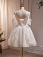 A-Line V Neck Tulle Short Beige Formal Prom Dress, Cute Beige Homecoming Dress