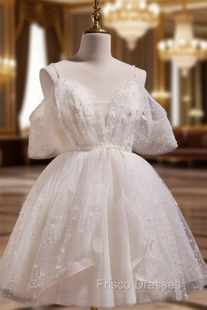 A-Line V Neck Tulle Short Beige Formal Prom Dress, Cute Beige Homecoming Dress