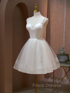 A Line v neck tulle Short Beige Formal Prom Dress, Cute Puffy Beige Homecoming Dress With Beading