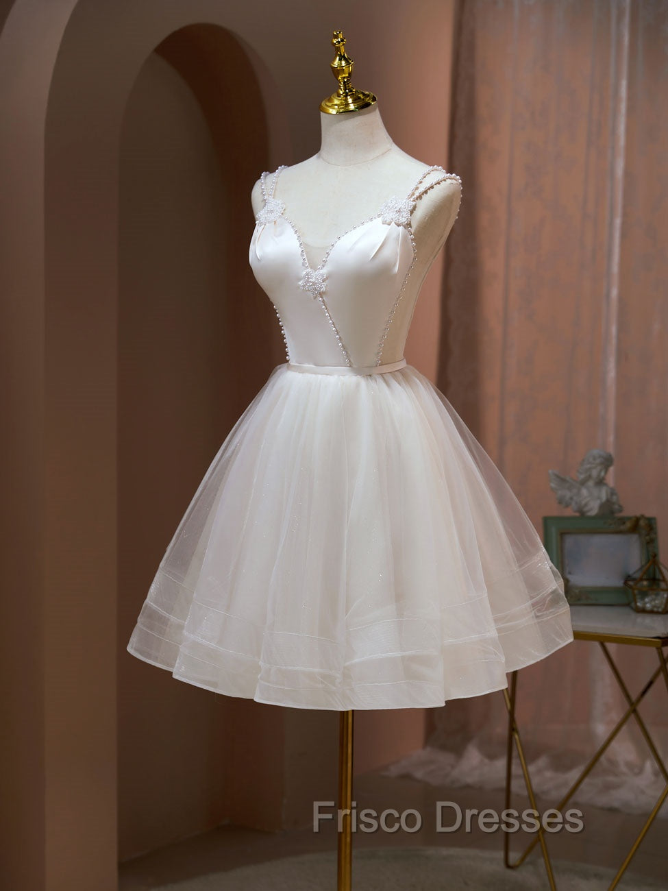 A Line v neck tulle Short Beige Formal Prom Dress, Cute Puffy Beige Homecoming Dress With Beading