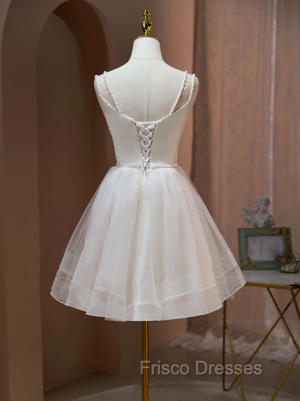 A Line v neck tulle Short Beige Formal Prom Dress, Cute Puffy Beige Homecoming Dress With Beading