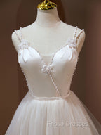 A Line v neck tulle Short Beige Formal Prom Dress, Cute Puffy Beige Homecoming Dress With Beading