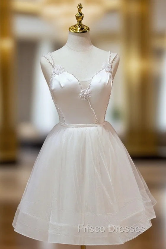 A Line v neck tulle Short Beige Formal Prom Dress, Cute Puffy Beige Homecoming Dress With Beading Main image