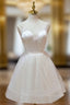 A Line v neck tulle Short Beige Formal Prom Dress, Cute Puffy Beige Homecoming Dress With Beading