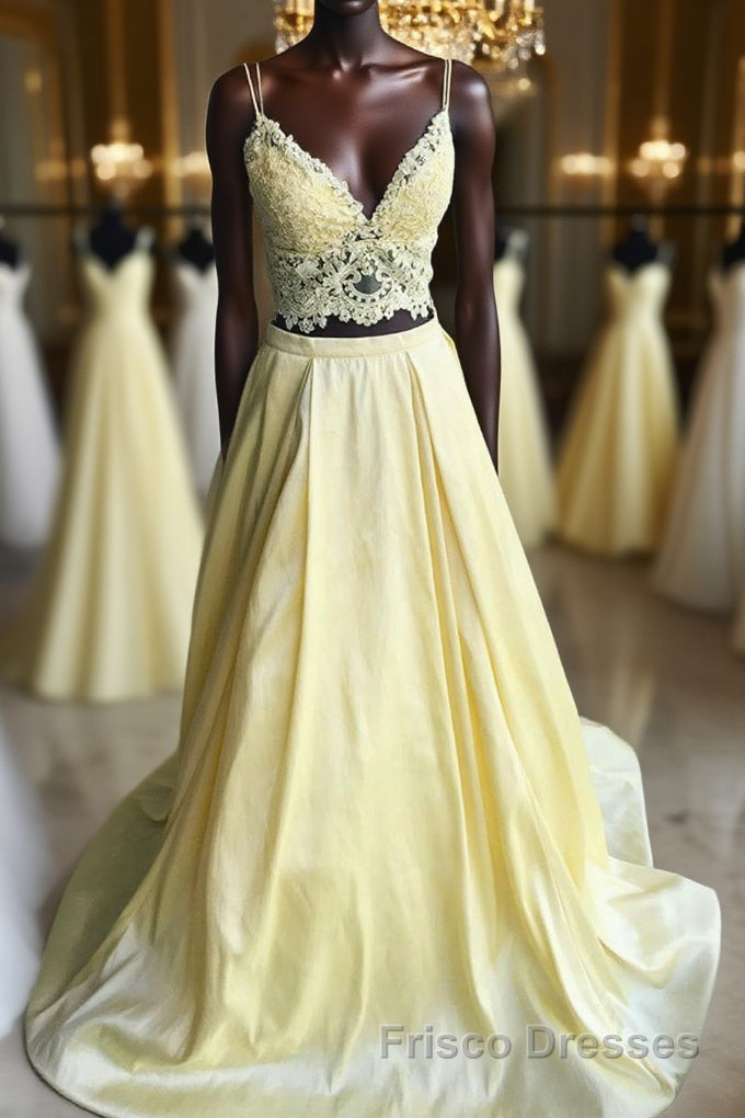 A Line V Neck Two Pieces Lace Top Yellow Formal Prom Dresses, Two Pieces Yellow Formal Dresses, Yellow Lace Evening Dresses Main image