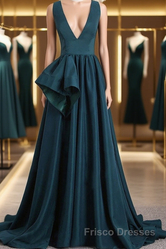 A Line V Neck V Back Green Satin Long Formal Prom Dresses, Long Green Formal Evening Dresses Main image
