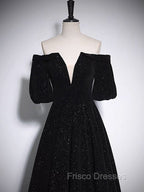 A-Line V Neck Velvet Black Long Formal Prom Dress, Black Formal Evening Dress