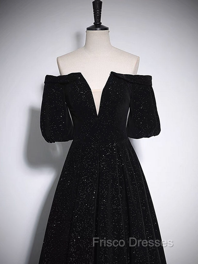 A-Line V Neck Velvet Black Long Formal Prom Dress, Black Formal Evening Dress