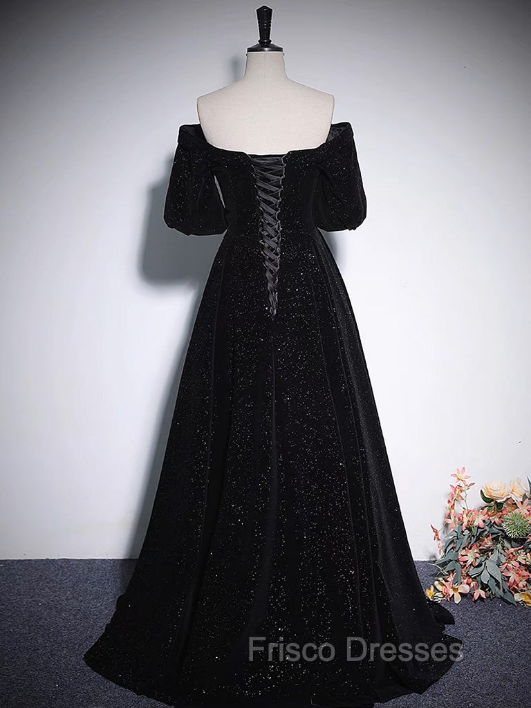 A-Line V Neck Velvet Black Long Formal Prom Dress, Black Formal Evening Dress