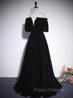 A-Line V Neck Velvet Black Long Formal Prom Dress, Black Formal Evening Dress