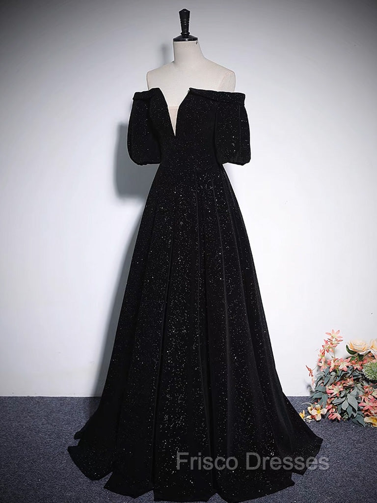 A-Line V Neck Velvet Black Long Formal Prom Dress, Black Formal Evening Dress