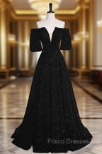 A-Line V Neck Velvet Black Long Formal Prom Dress, Black Formal Evening Dress