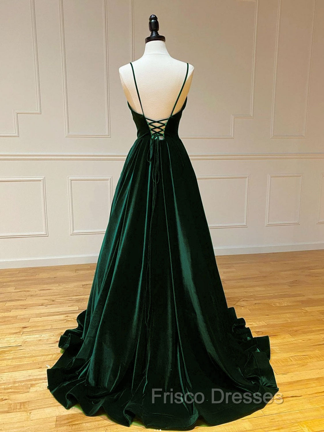 A-Line V Neck Velvet Green Long Formal Prom Dress, Green Velvet Formal Dress Secondary image