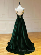 A-Line V Neck Velvet Green Long Formal Prom Dress, Green Velvet Formal Dress