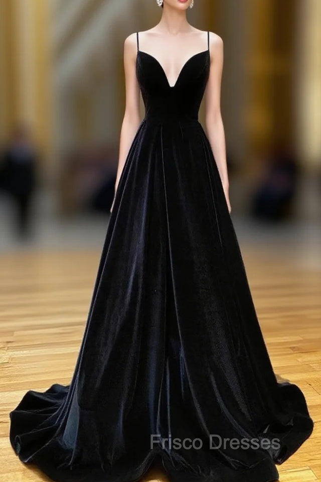 A-Line V Neck Velvet Green Long Formal Prom Dress, Green Velvet Formal Dress