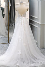 A Line V Neck White Lace Long Formal Prom Dresses, White Lace Wedding Dresses, White Formal Evening Dresses