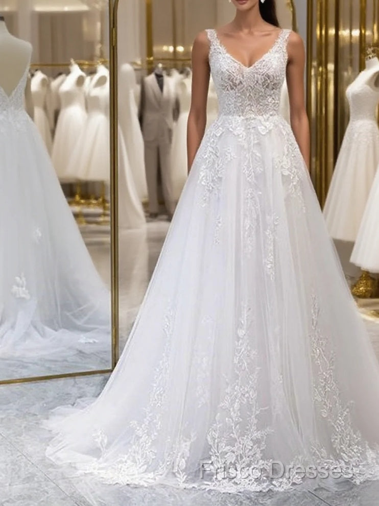 A Line V Neck White Lace Long Formal Prom Dress, White Lace Wedding Dress, White Formal Dress A1801 Main image