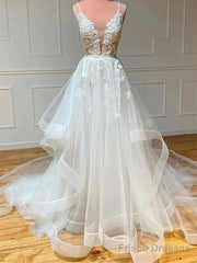 A Line V Neck White Lace Long Ruffles Wedding Dress