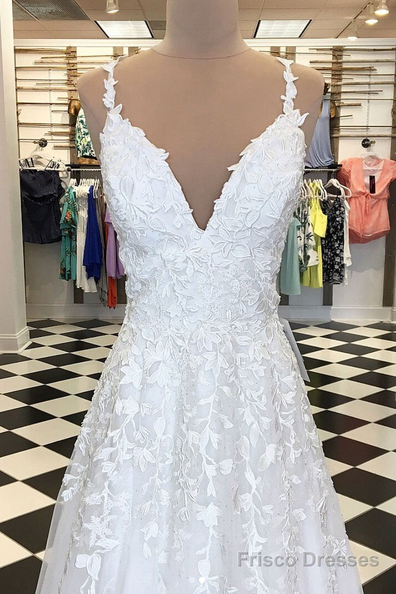 A Line V Neck White Lace Prom Dresses, White Lace Formal Graduation Bridesmaid Dresses Secondary image