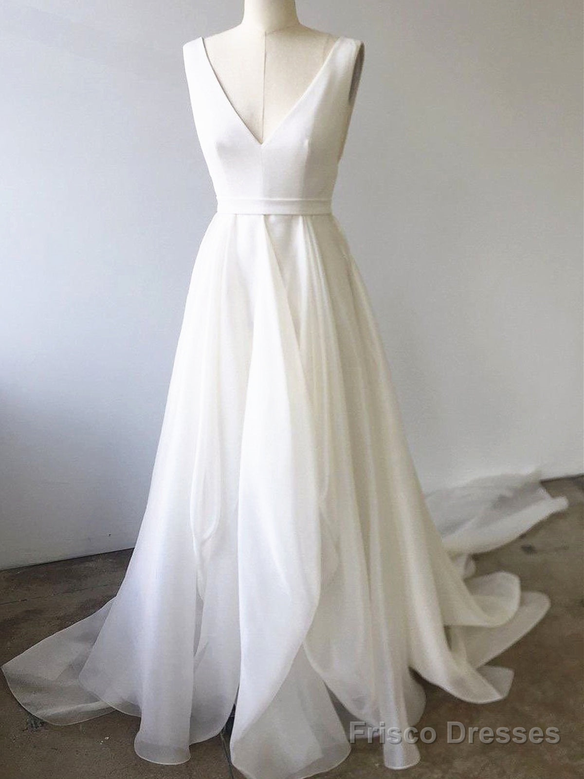 A Line V Neck White Prom Dresses With Train, V Neck Formal Wedding Dresses With Train Main image