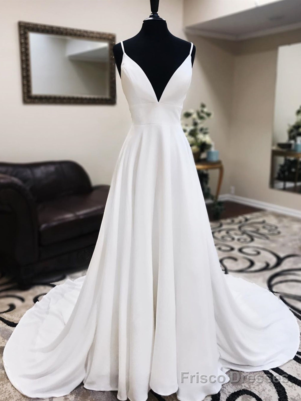 A Line V Neck White Satin Prom Dress With Lace Back, V Neck White Lace Wedding Dresses