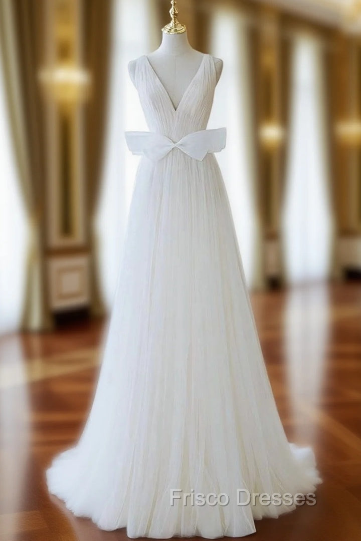 A-Line V Neck White Tulle Long Wedding Dress with Bow
