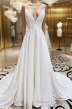 A Line V Neck White Wedding Dresses with Lace Back, White V Neck Formal Prom Formal Dresses