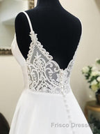 A Line V Neck White Wedding Dresses with Lace Back, White V Neck Formal Prom Formal Dresses