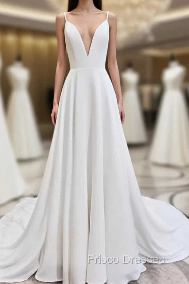 A Line V Neck White Wedding Dress with Sweep Train, White Formal Evening Formal Prom Dress