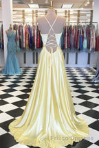 A Line V Neck Yellow Long Formal Prom Dresses, Yellow Long Backless Formal Evening Dresses