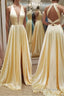 A Line V Neck Yellow Satin Long Formal Prom Dresses, V Neck Backless Yellow Formal Evening Dresses
